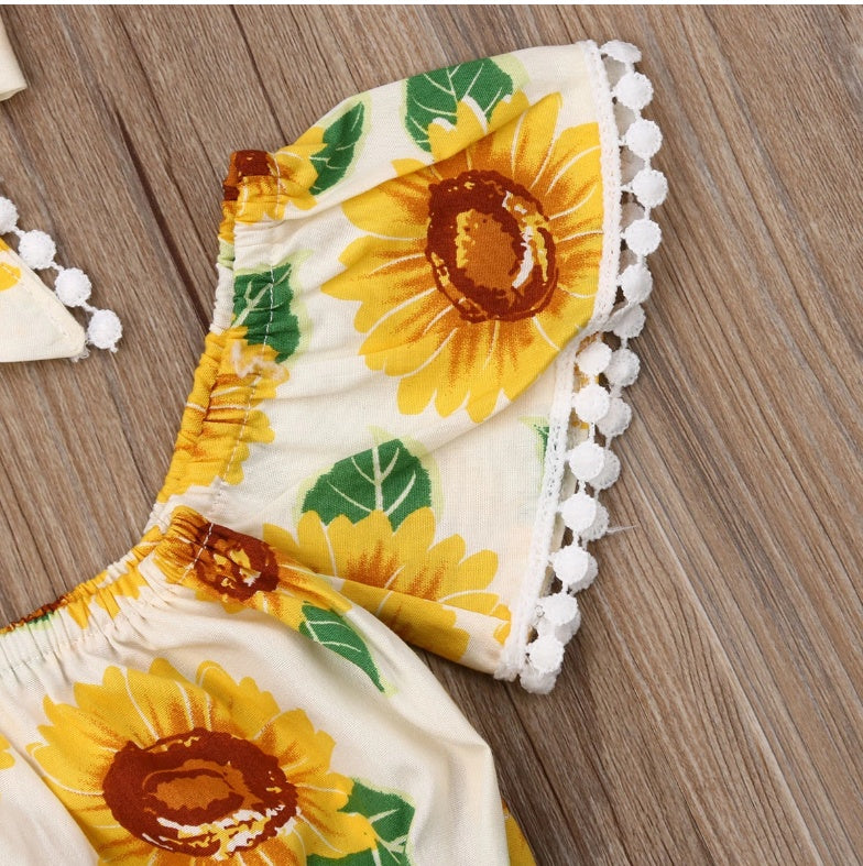 Girl Sunflower Print Romper One-Shoulder Top Triangle Shorts Suit