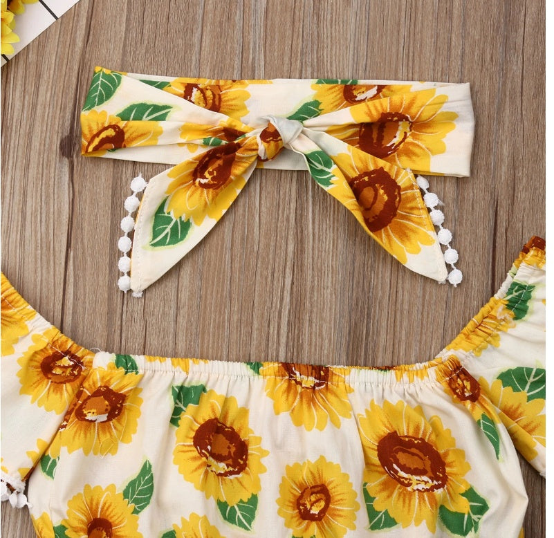 Girl Sunflower Print Romper One-Shoulder Top Triangle Shorts Suit