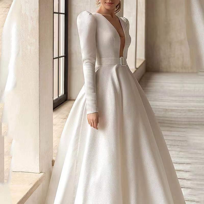 Ladies White Satin Long Dress with Thin Surface and High French Temperament Long Skirt - Neon North Clothing