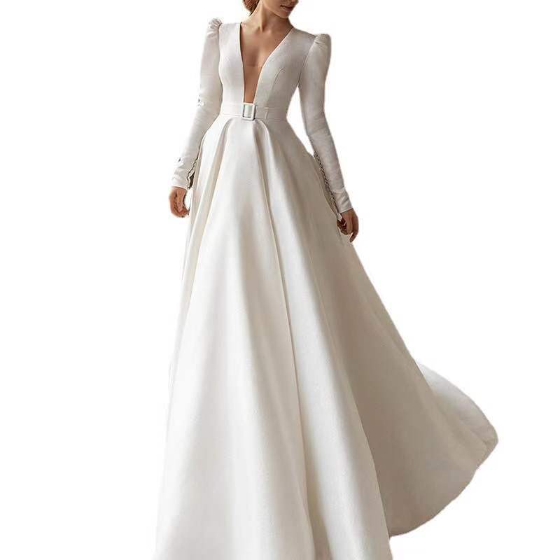 Ladies White Satin Long Dress with Thin Surface and High French Temperament Long Skirt - Neon North Clothing