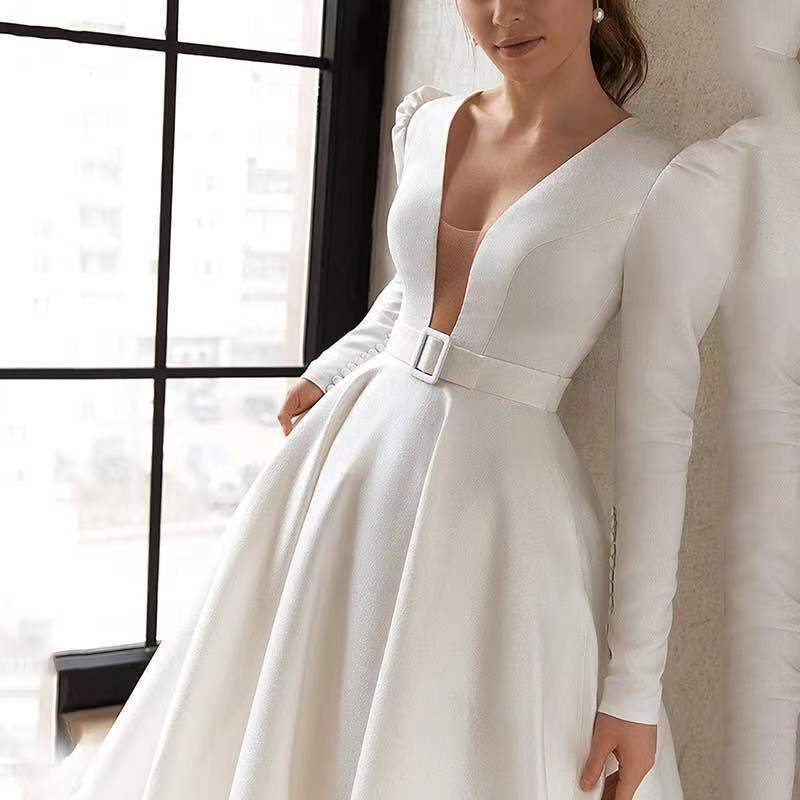 Ladies White Satin Long Dress with Thin Surface and High French Temperament Long Skirt - Neon North Clothing