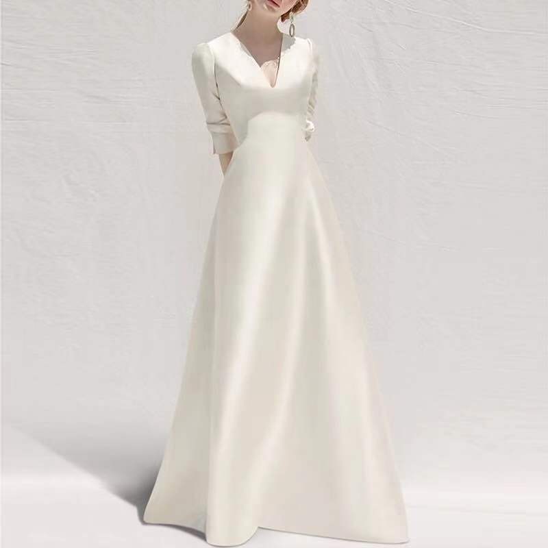 Ladies White Satin Long Dress with Thin Surface and High French Temperament Long Skirt - Neon North Clothing