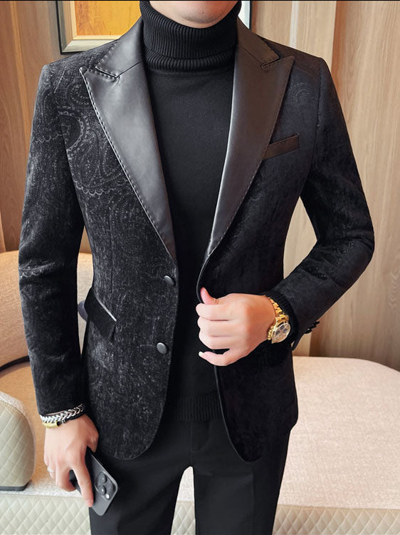 Jacquard Velvet Leather Blazer for Men with Stylish Lapel