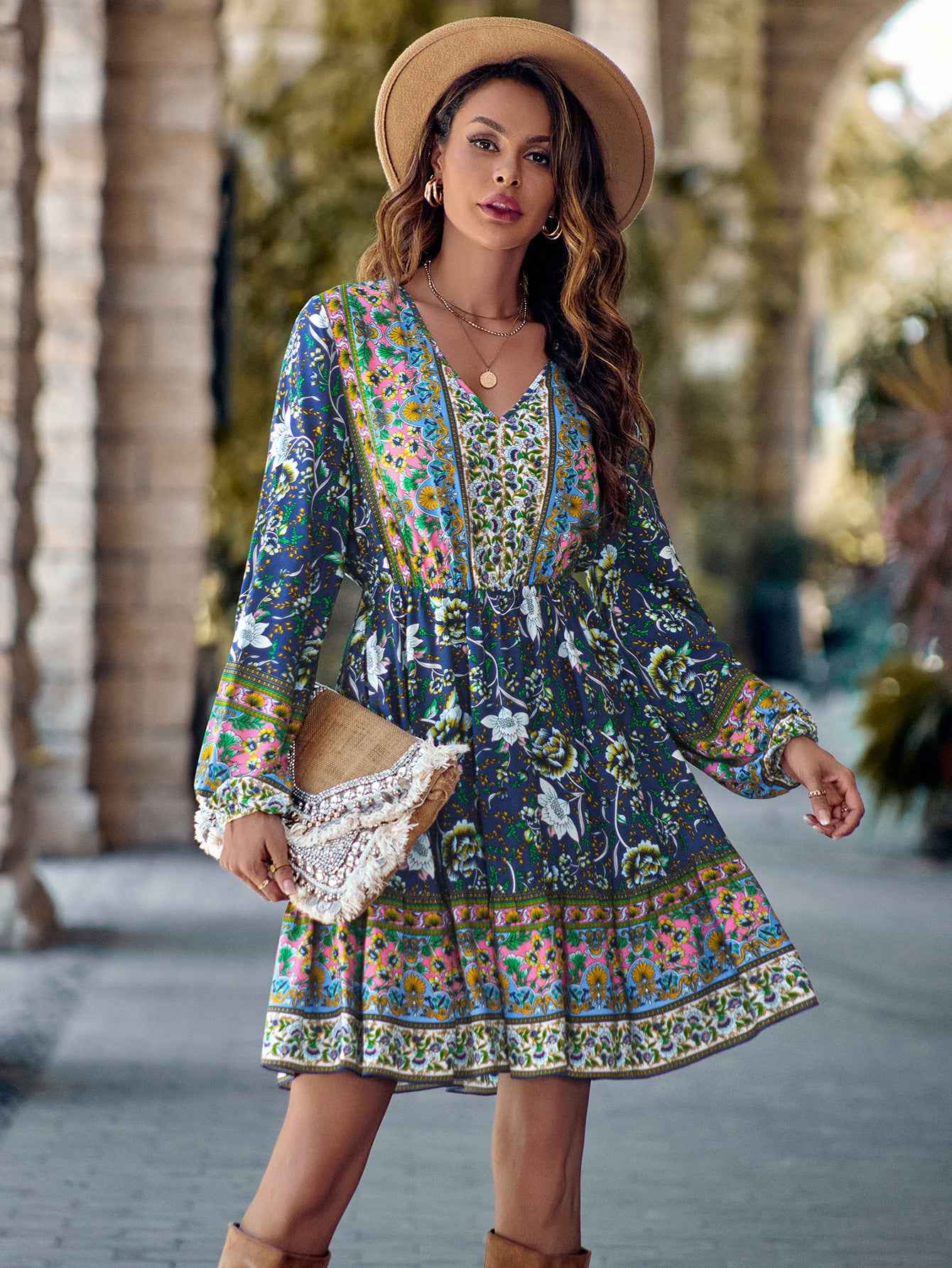 Waist-Control V-Neck Dress for Women - Printed Long Sleeve Style