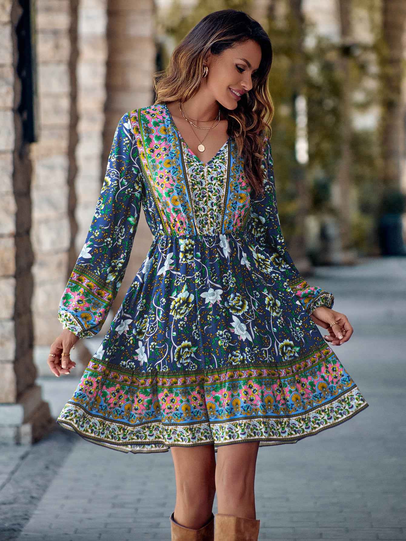 Waist-Control V-Neck Dress for Women - Printed Long Sleeve Style
