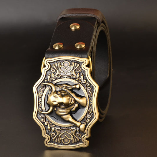 Men's Cowhide Buckle Belt with Copper Buckle - Head Layer Cowhide Smooth Design