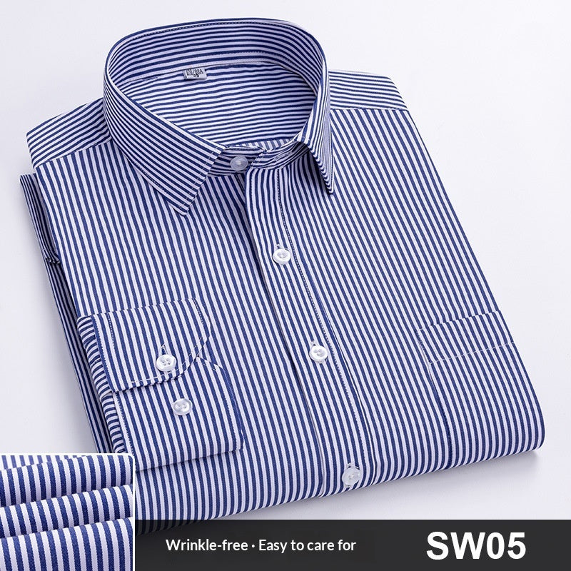 Mens Wrinkle-Free Blue-Striped Work Shirt for Effortless Style and Comfort