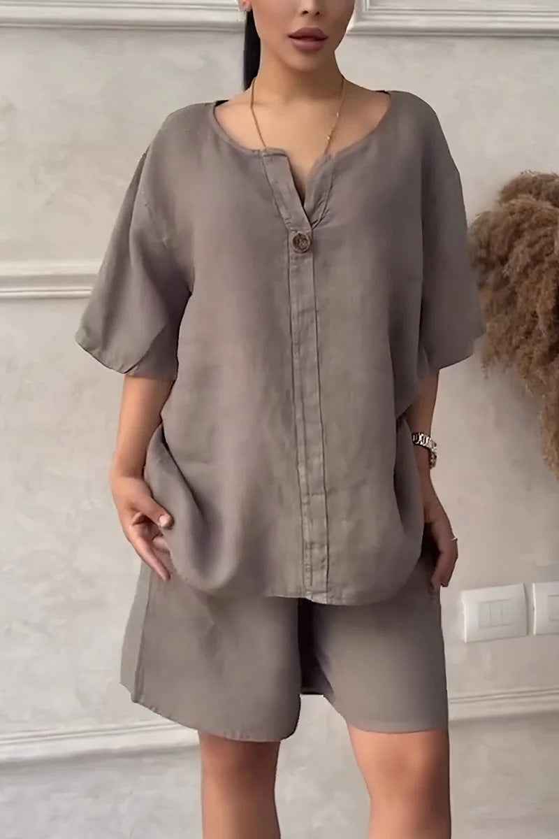 Cotton-linen Shirt Set with Shorts for Women - High-waisted Loose Style