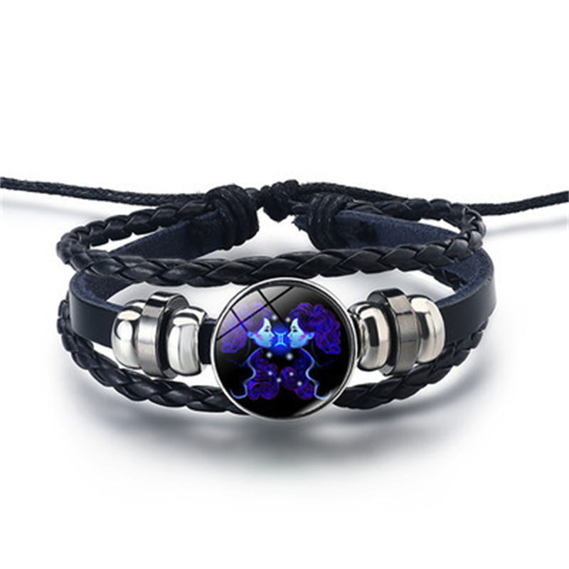 12 Constellations Horoscope Glass Alloy Beaded Glow Leather Bracelet - Neon North Clothing