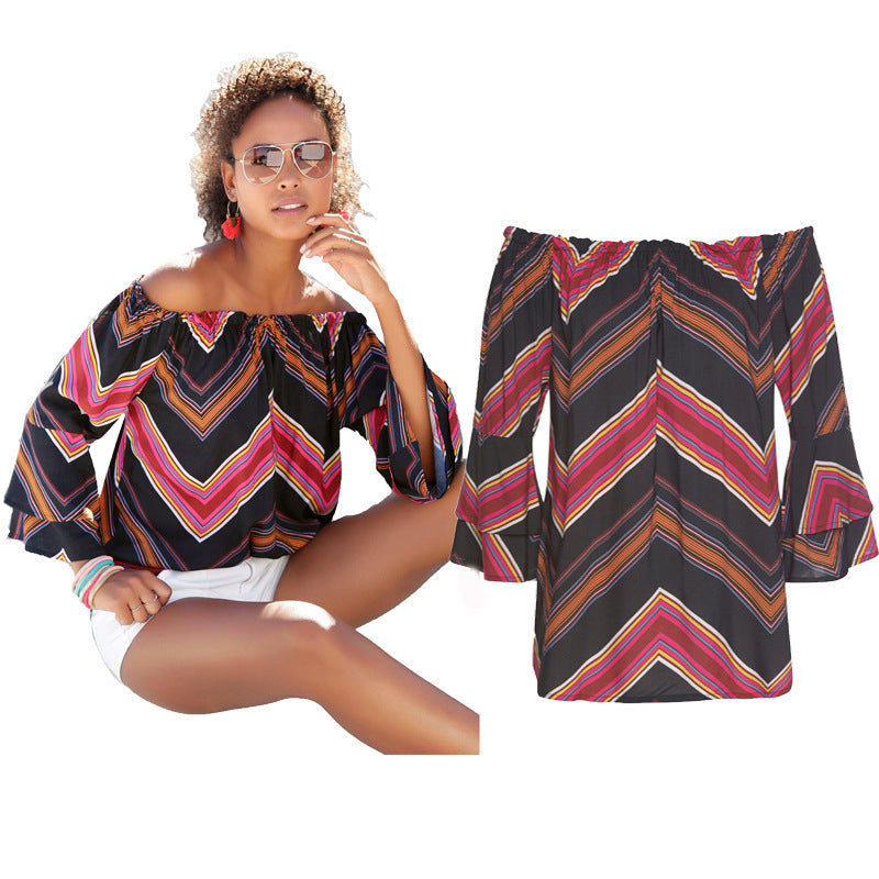 Printed Carmen Off Shoulder Blouse with Elastic Neckline and Flare Sleeves for Women - Neon North Clothing
