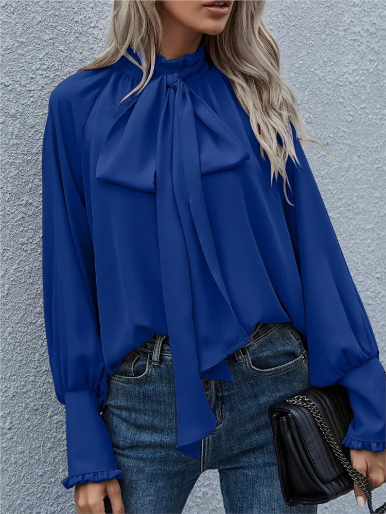 High Collar Bow Tie Long Sleeve Casual Loose Versatile Round Neck Top - Neon North Clothing