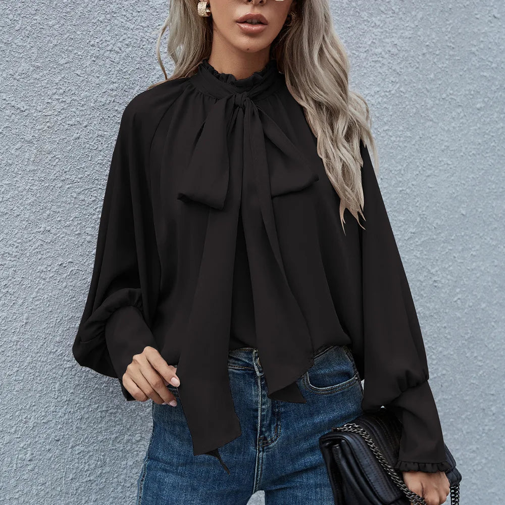 High Collar Bow Tie Long Sleeve Casual Loose Versatile Round Neck Top - Neon North Clothing