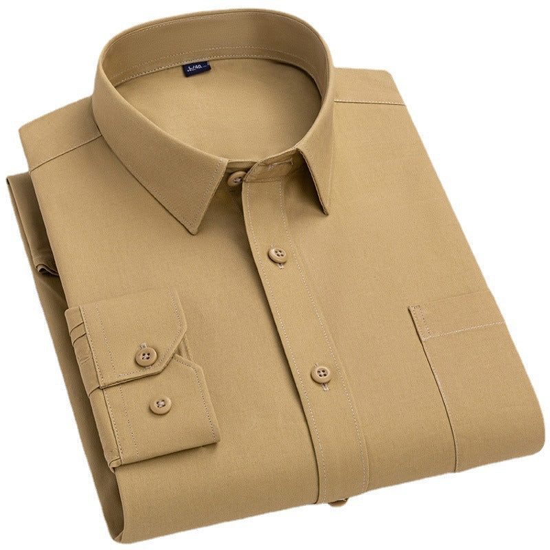 Spring Mens Khaki Cotton Long-sleeve Shirt - Slim Fit
