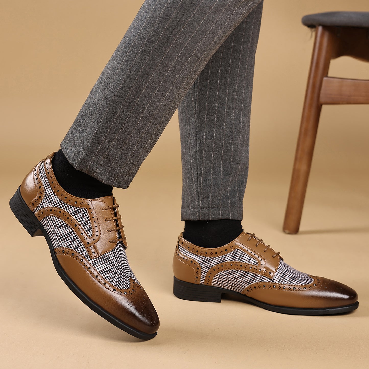 Chaussures homme en cuir décontracté à motif pied-de-poule et carreaux