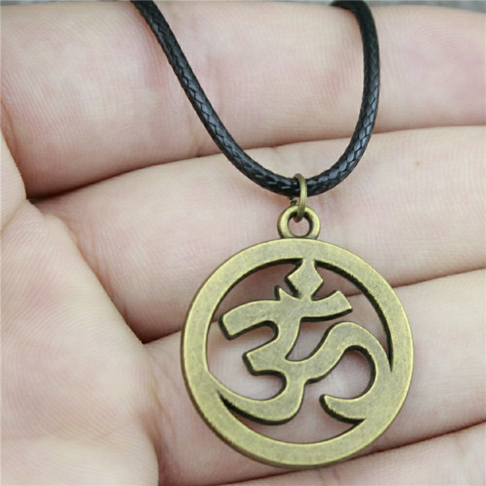 Antique OM Pendant Leather Chain Necklace - Neon North Clothing