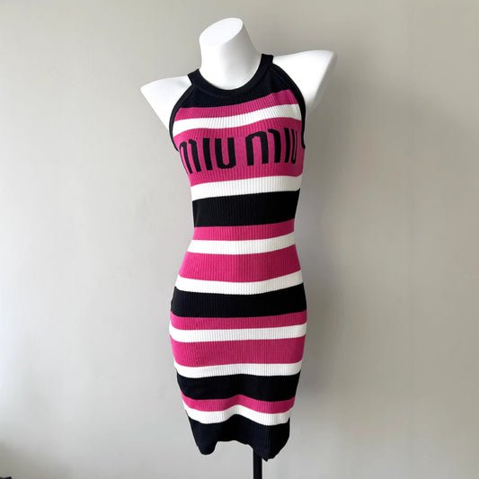 Striped Sleeveless Dress with Fitted Waist - Neon North Clothing