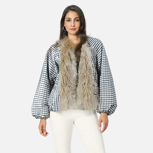 Fur Collar Padded Coat with Stripe Contrast Color Cotton-Padded Design