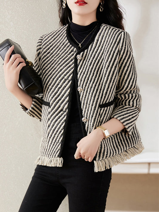 Striped Round Neck Long Sleeve Patchwork Tassels Hem Coat - Neon North Clothing