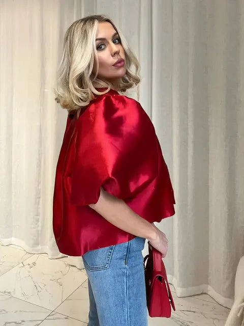 Solid Satin With Pouf Balloon Sleeve Blouse - Neon North Clothing