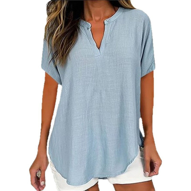 3D Printed Women's V-neck Top - Loose Short Sleeve Design