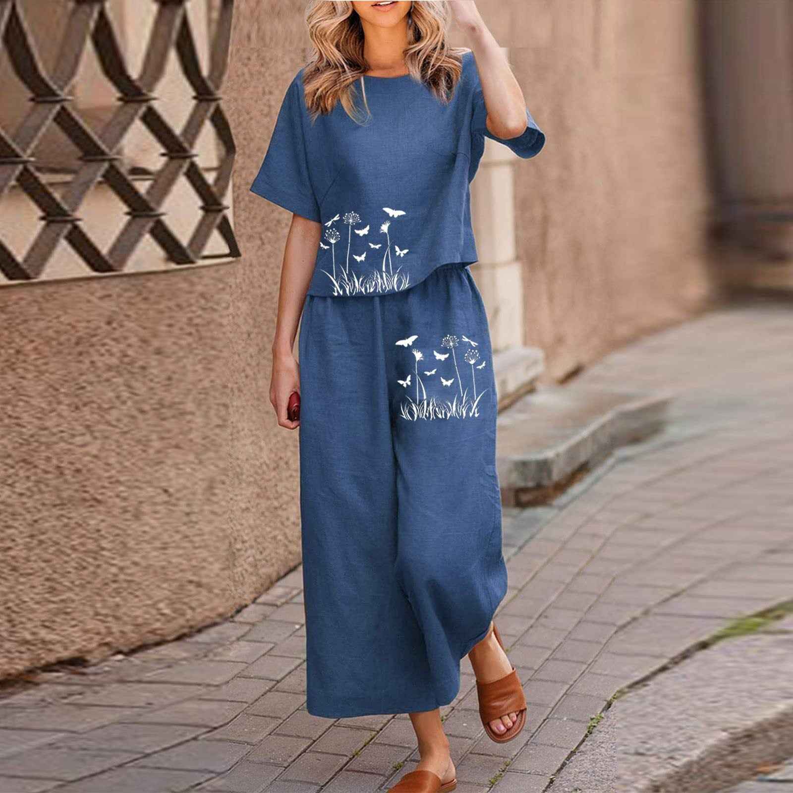 New Solid-color Short-sleeve Set With Heat-transfer Print, Two-piece Set