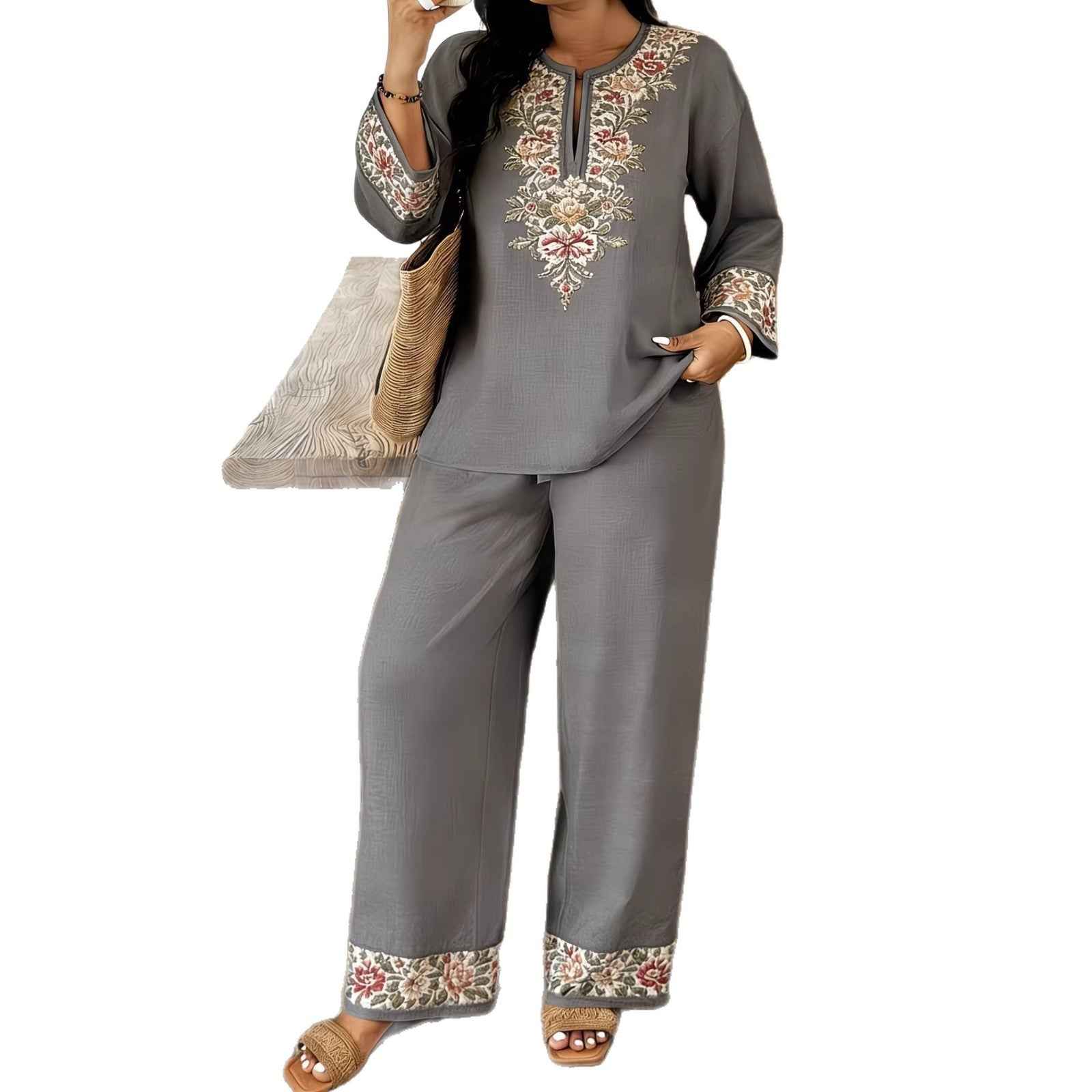 Middle Eastern Lace Floral Set - Elegant Long-sleeve Ethnic-style Fashion