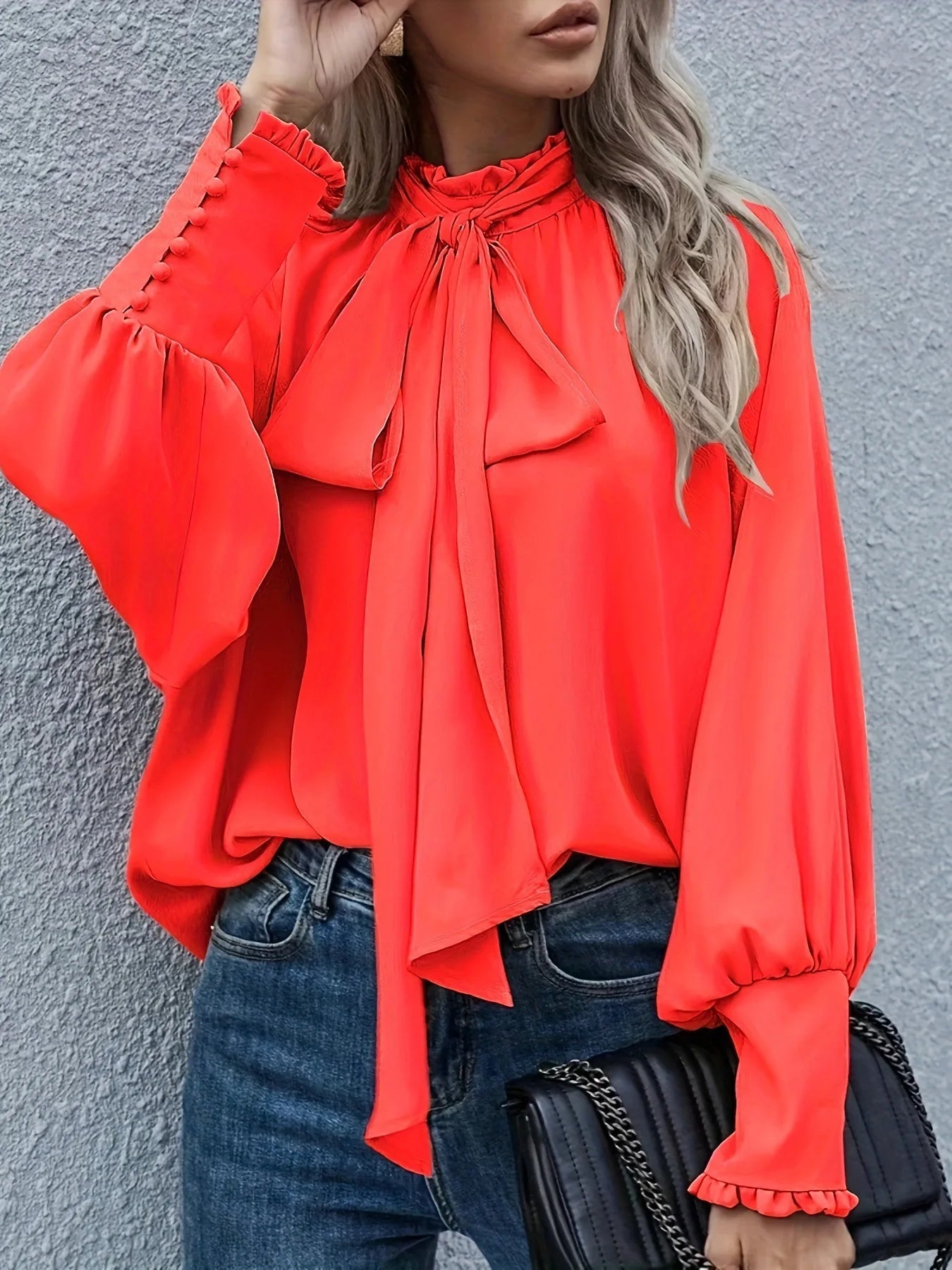 High Collar Bow Tie Long Sleeve Casual Loose Versatile Round Neck Top - Neon North Clothing