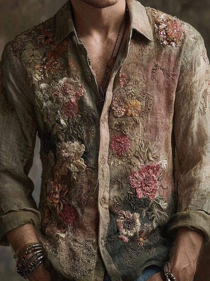 Retro Floral Long-Sleeve Shirt for Men – Casual American-Style Loose-Fitting Print