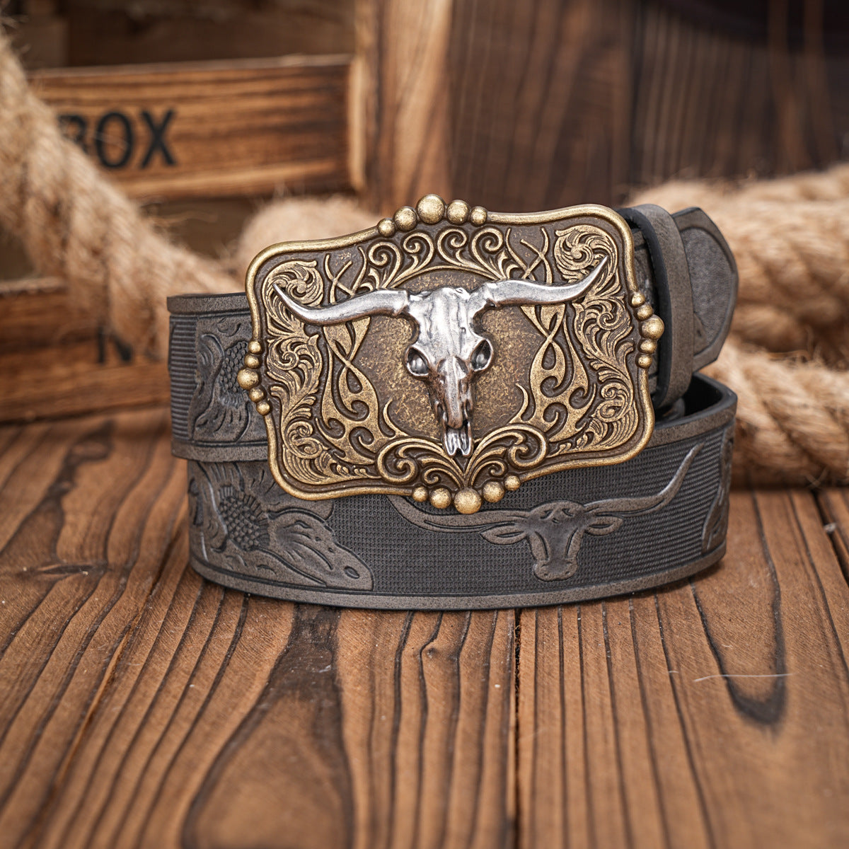 Belt Brown Men's Leather Belt with Bull Skull Embossed Retro Style - Neon North Clothing