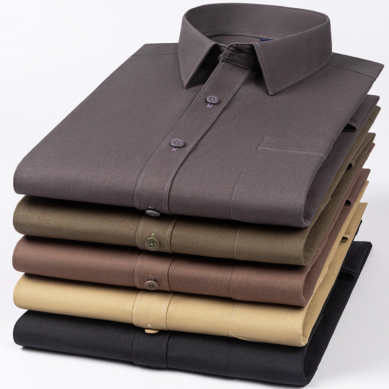 Spring Mens Khaki Cotton Long-sleeve Shirt - Slim Fit