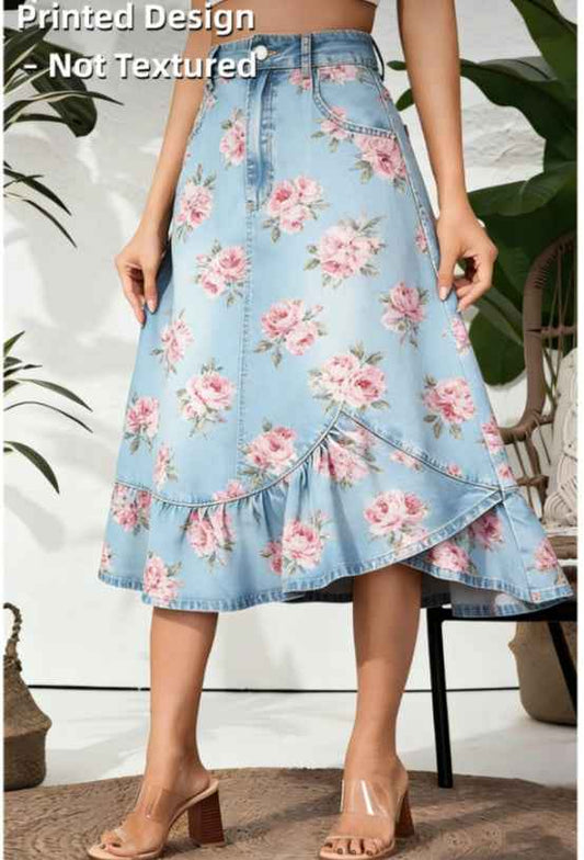 French Floral Print Denim Skirt - High-Waisted Slimming A-Line Style