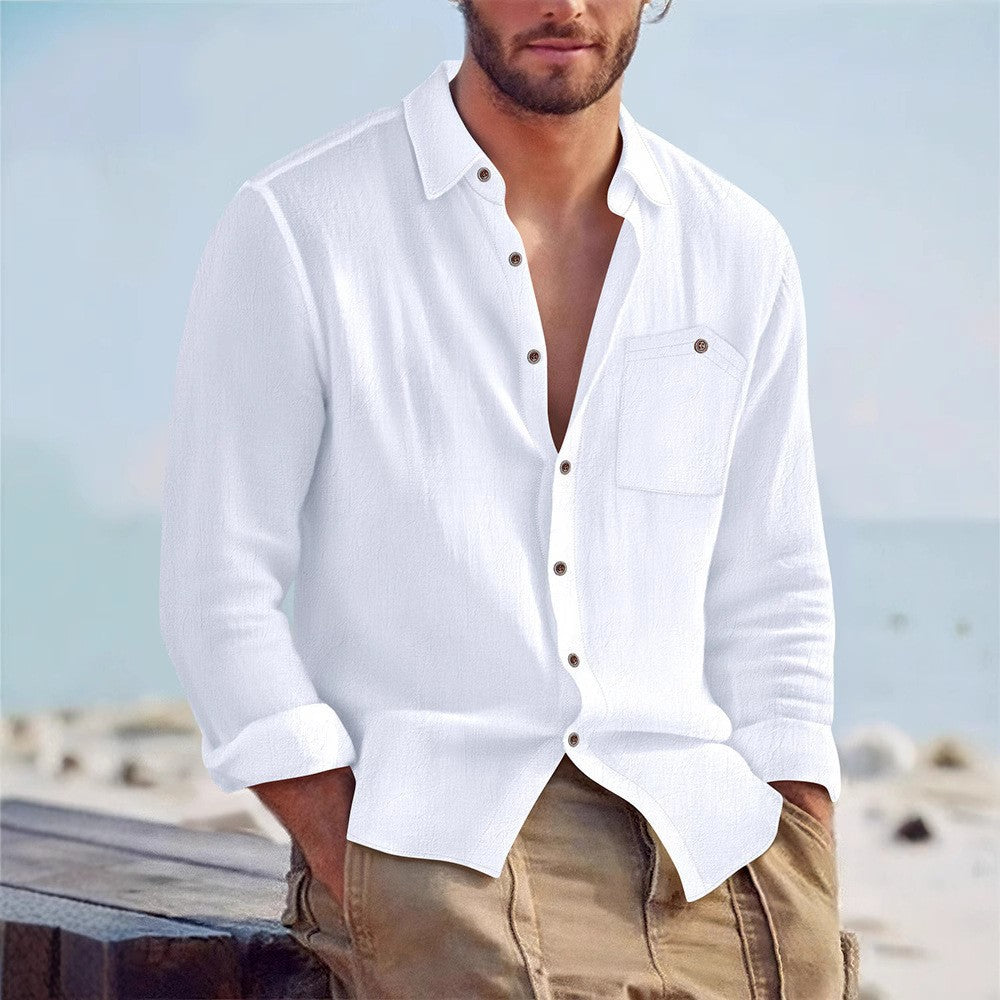 Mens Linen Cardigan Shirt - Solid Color Lapel Loose Fit for Effortless Style