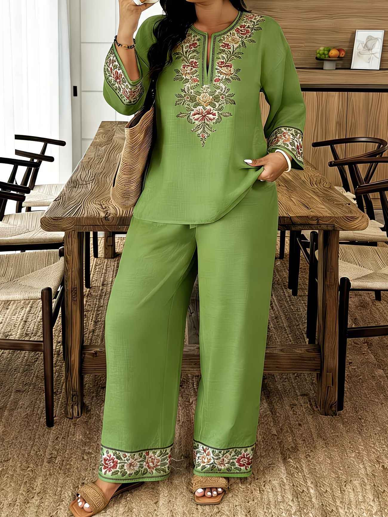 Middle Eastern Lace Floral Set - Elegant Long-sleeve Ethnic-style Fashion