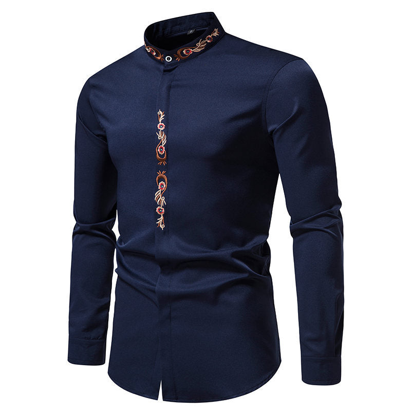 Mens Embroidered Casual Long-Sleeve Shirt - Slim Fit Fashion Collar
