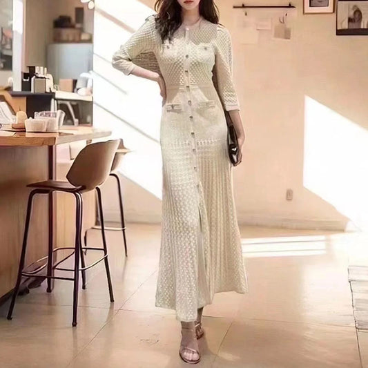 Elegant Long Sleeve Round Neck Dress with Waistline - Neon North Clothing