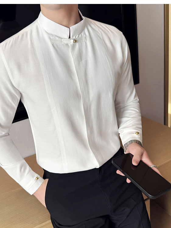 Men's Cotton Long-sleeved Shirt with Solid Color and Stand Collar