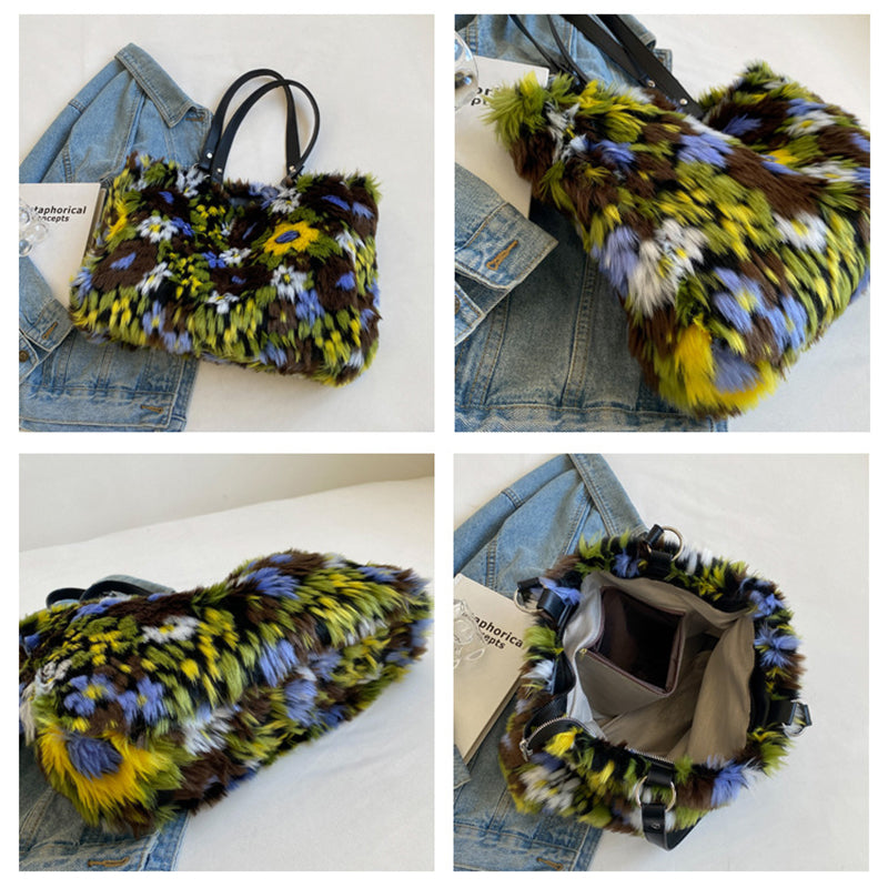 Women's Floral Handbag - Trendy Plush Shoulder Bag for Stylish Women