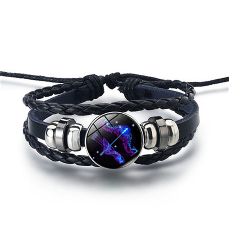 12 Constellations Horoscope Glass Alloy Beaded Glow Leather Bracelet - Neon North Clothing