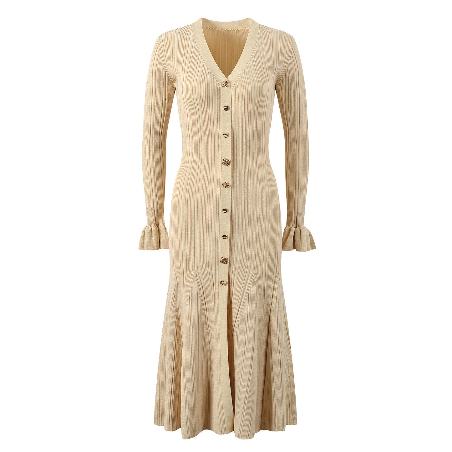 Elegant Luxury Shimmer V-Neck Long Sleeve Fitted Waist Knit Dress - Neon North Clothing