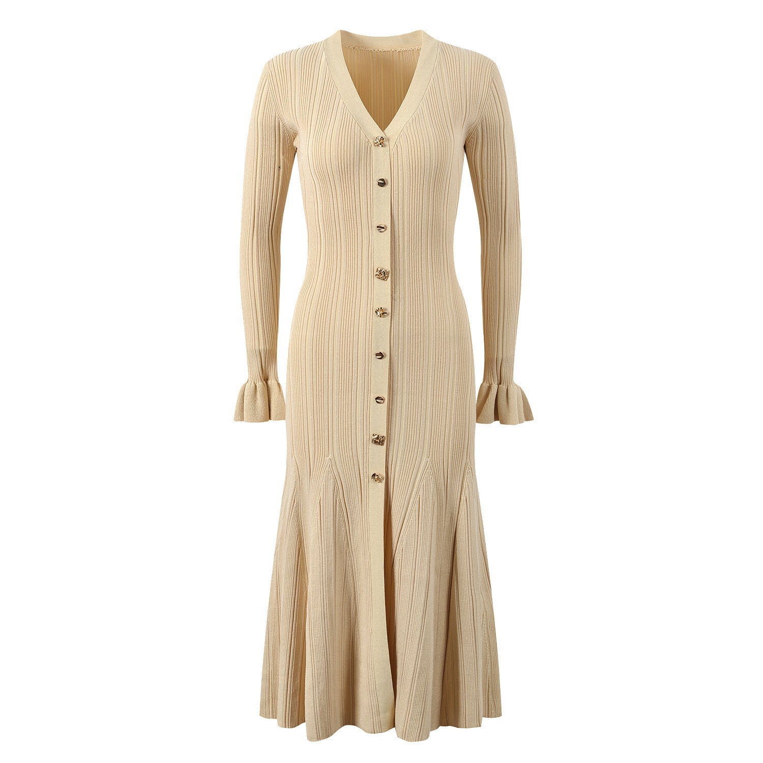 Elegant Luxury Shimmer V-Neck Long Sleeve Fitted Waist Knit Dress - Neon North Clothing