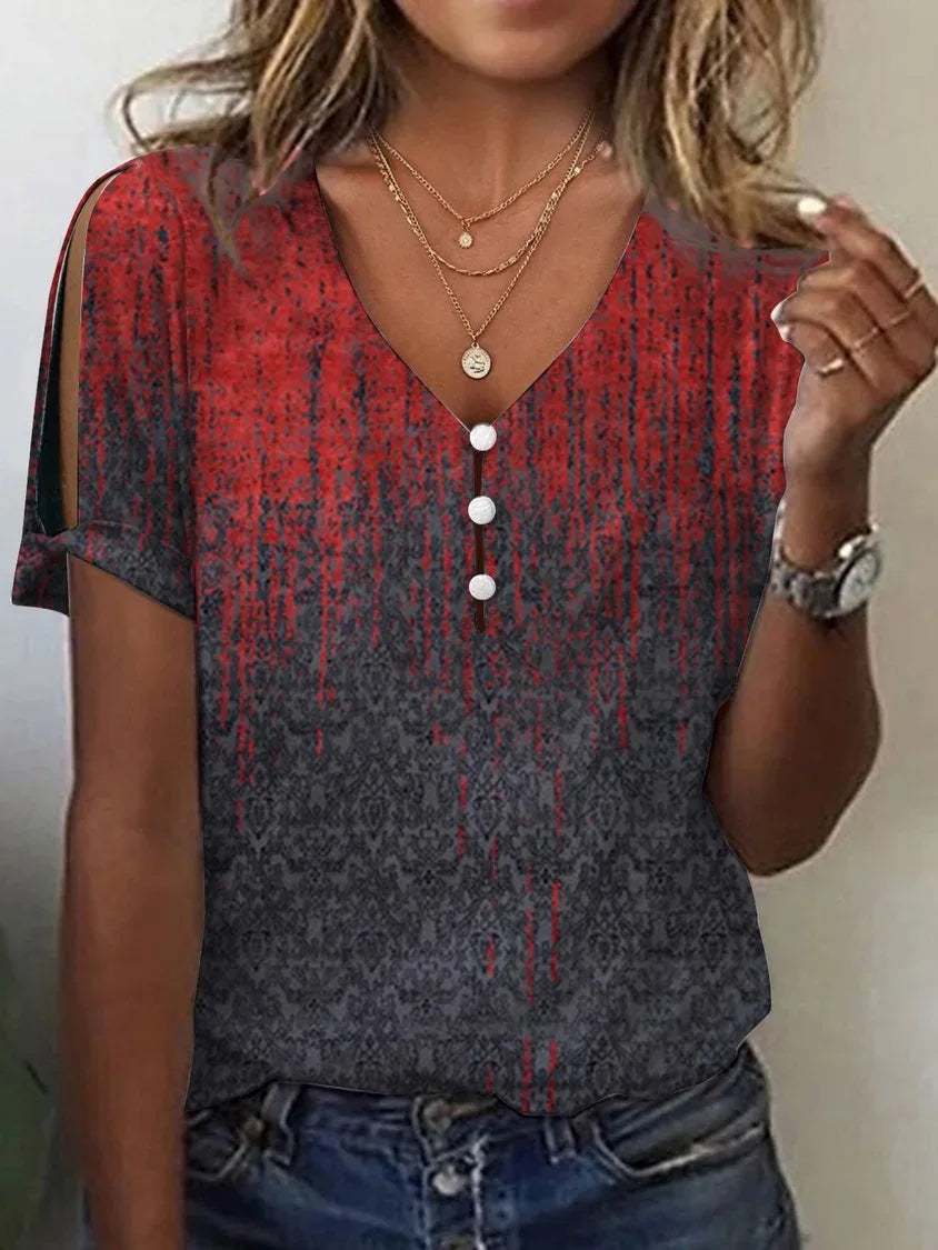 V Neck Vintage Top Short Sleeves Button Streetwear Top - Neon North Clothing