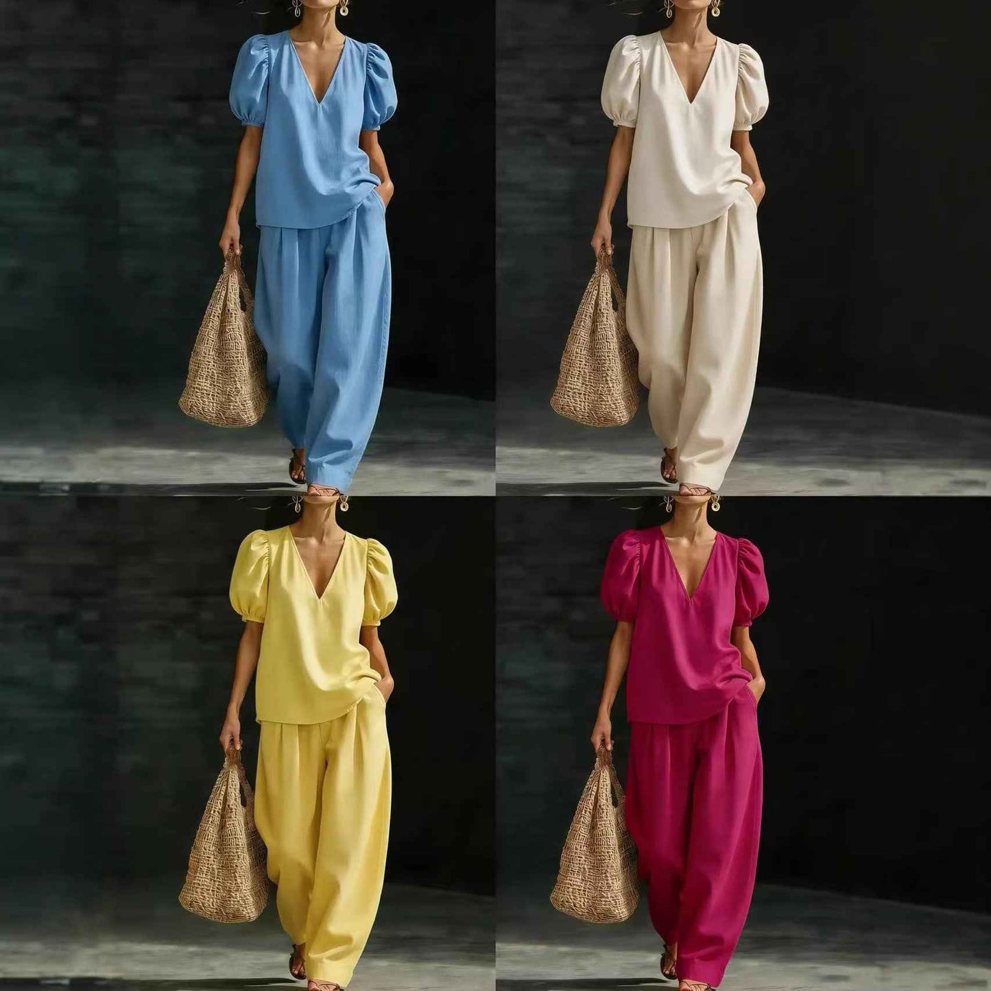 V-Neck Casual Womens Set - Stylish Short-Sleeve Fashionable Outfit