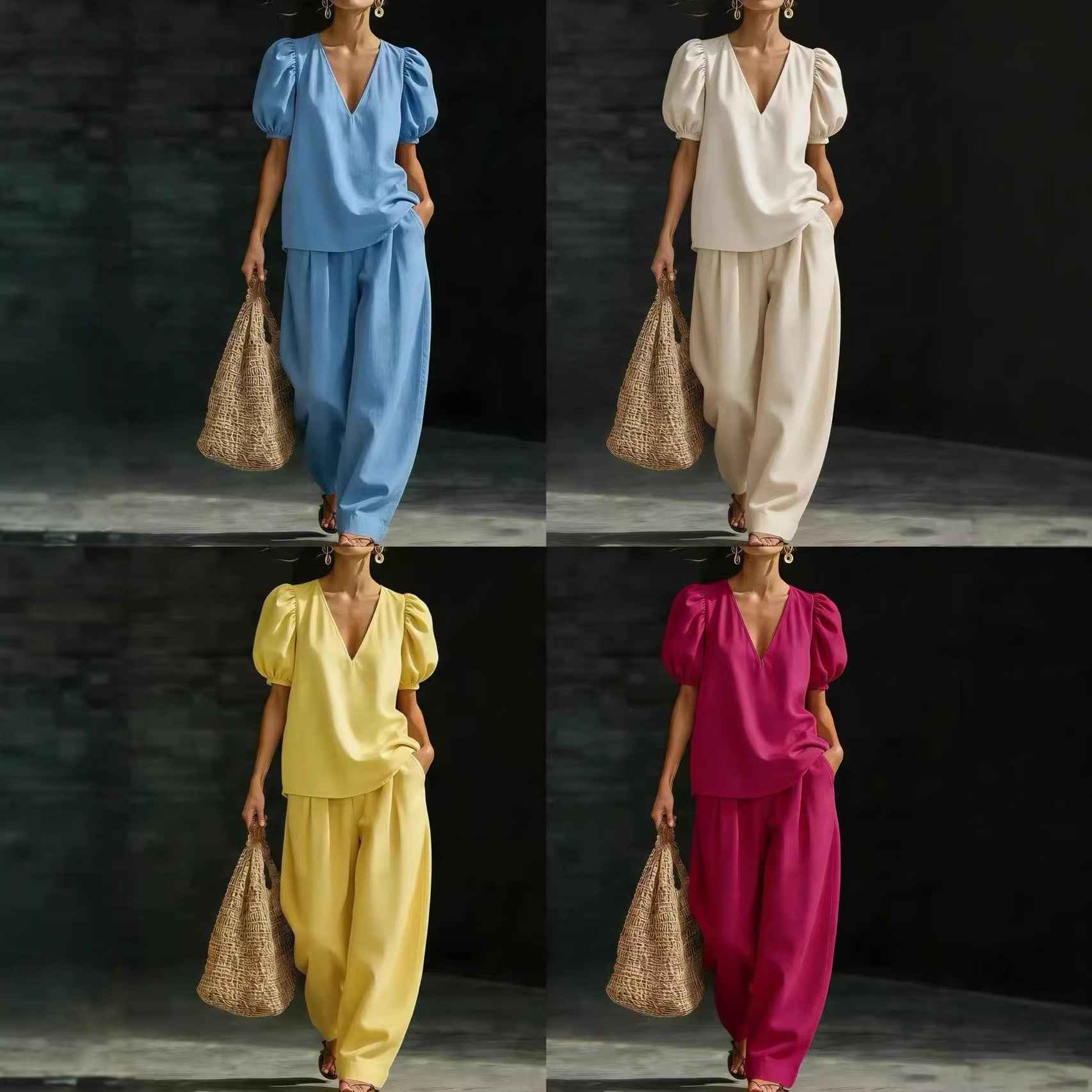 V-Neck Casual Womens Set - Stylish Short-Sleeve Fashionable Outfit