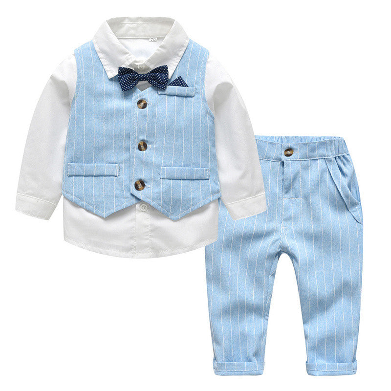 Baby Boy Suit Three-Piece with White Shirt, Striped Vest, and Pants for Spring and Autumn