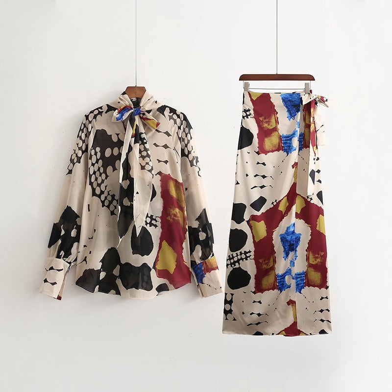 Vintage Long Sleeve Asymmetric Blouse and Skirt Combo - Neon North Clothing