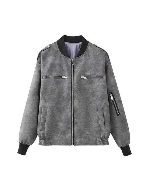 Faux Leather Bomber Jacket - Zipper Cropped Style for Trendy Looks - Neon North Clothing