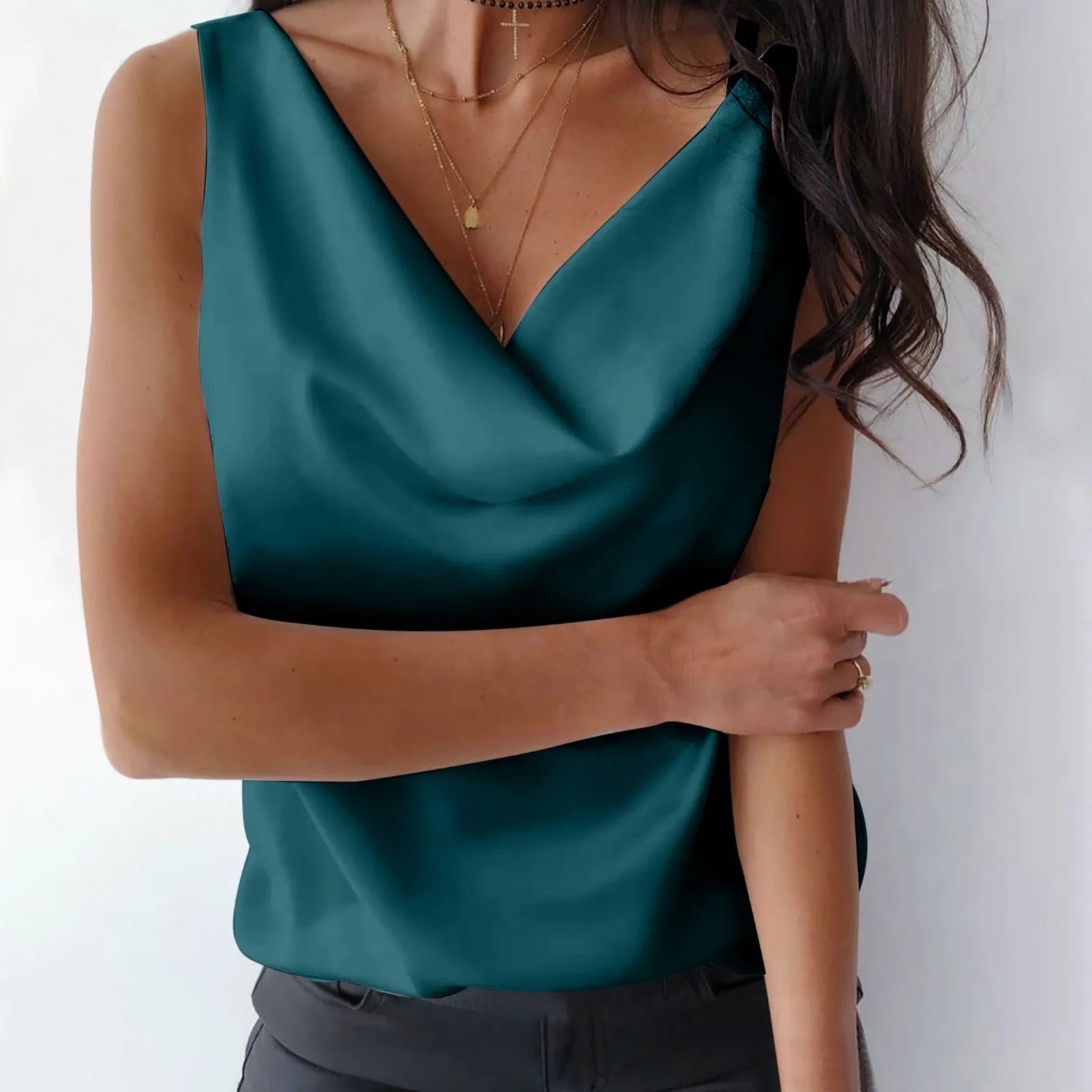 Women Silk Satin Tank Cowl Neck  Blouse - Neon North Clothing