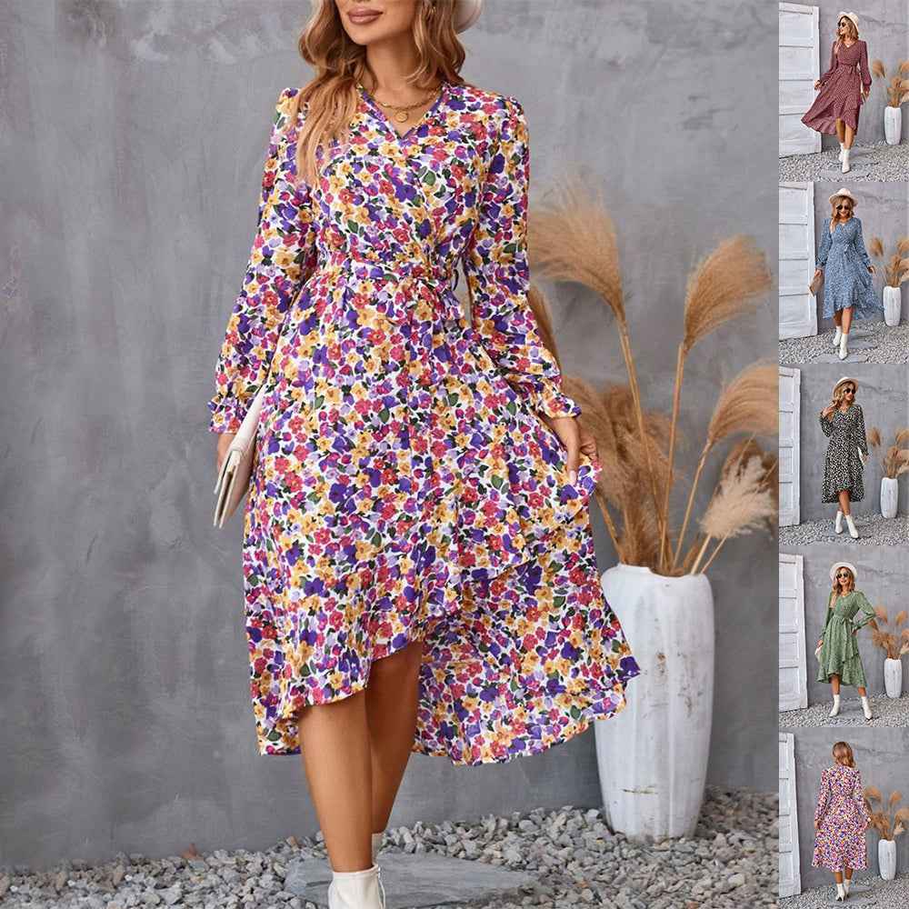 Ruffled V-Neck with Belt Women's Floral Long Sleeve Dress
