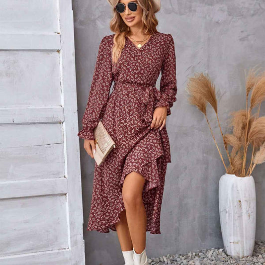 Ruffled V-Neck with Belt Women's Floral Long Sleeve Dress