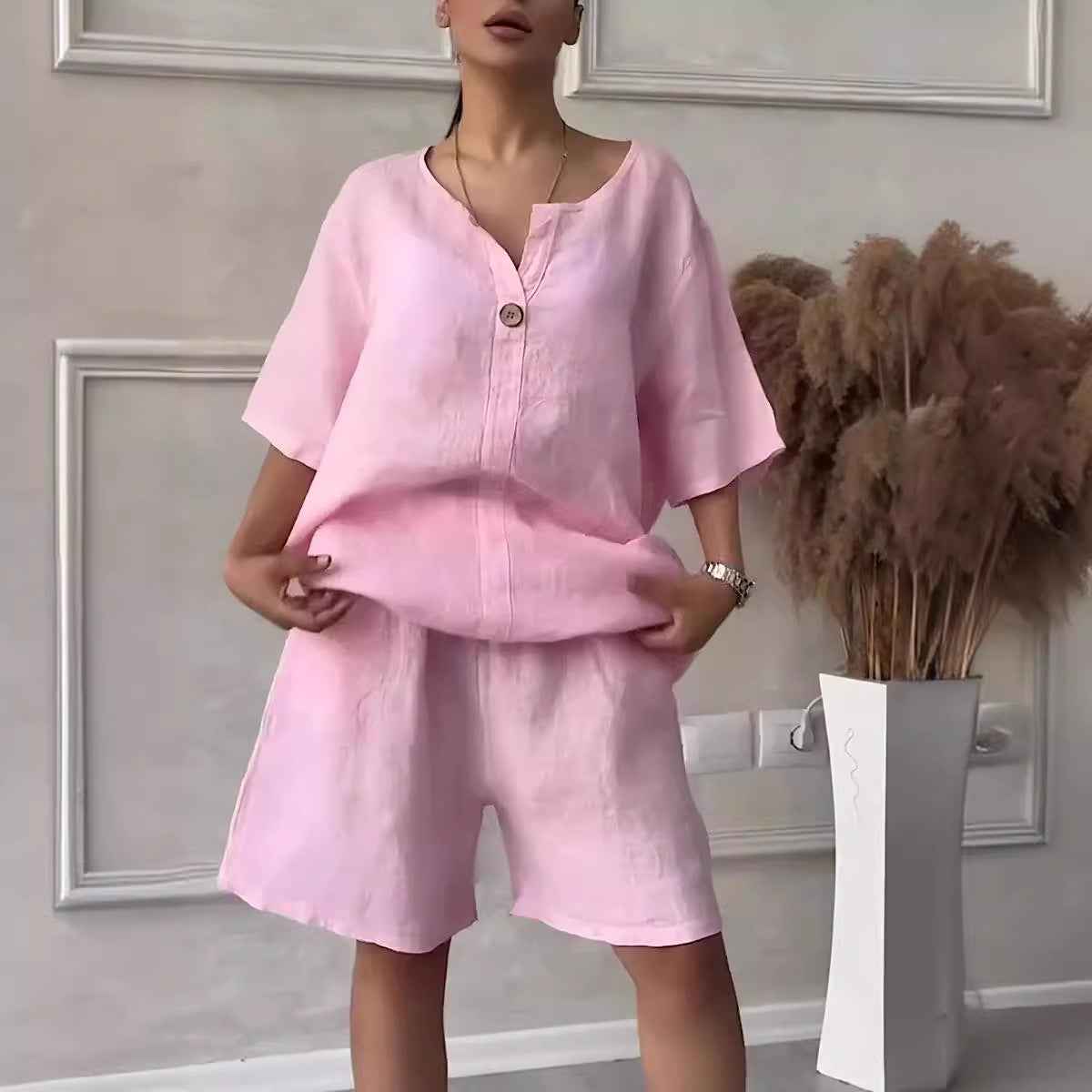 Cotton-linen Shirt Set with Shorts for Women - High-waisted Loose Style